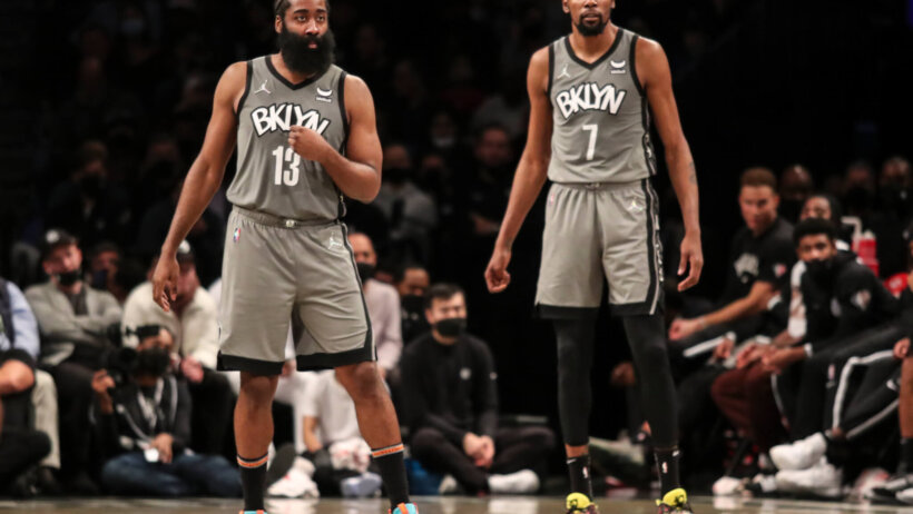 James Harden and Kevin Durant on court