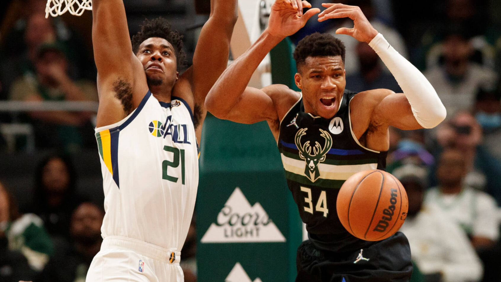 Giannis Antetokounmpo reacts after losing the ball