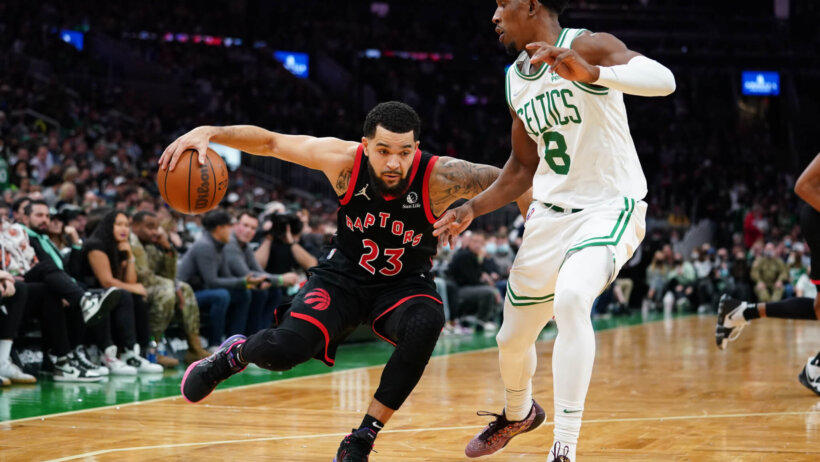 Fred VanVleet dribbling against defender