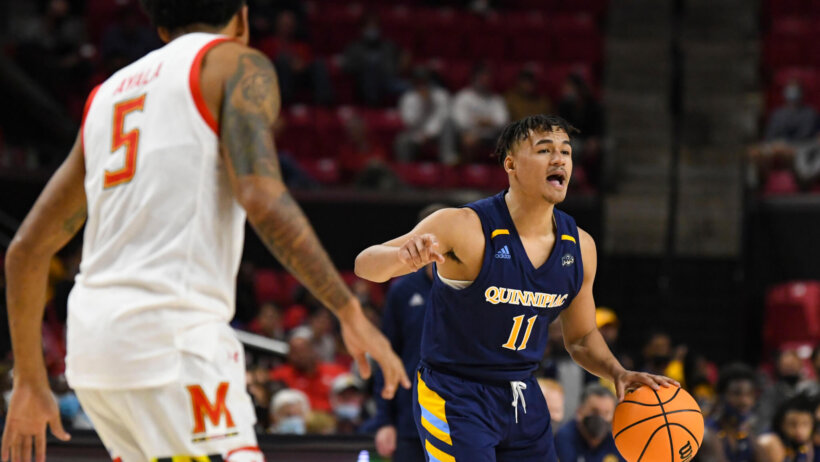 Quinnipiac Bobcats guard Dezi Jones dribbling