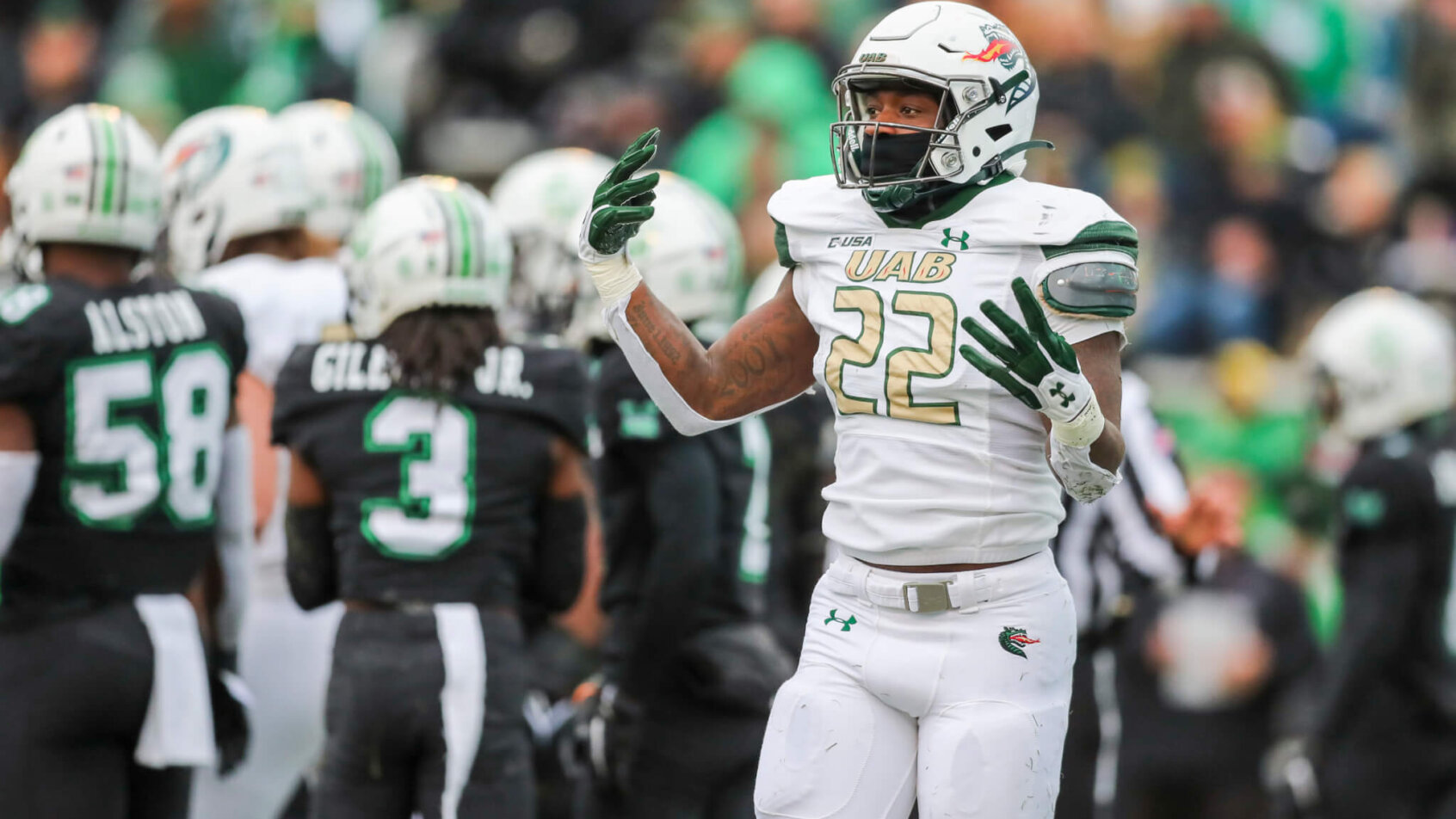 UAB Blazers running back DeWayne McBride celebrates after running for a touchdown