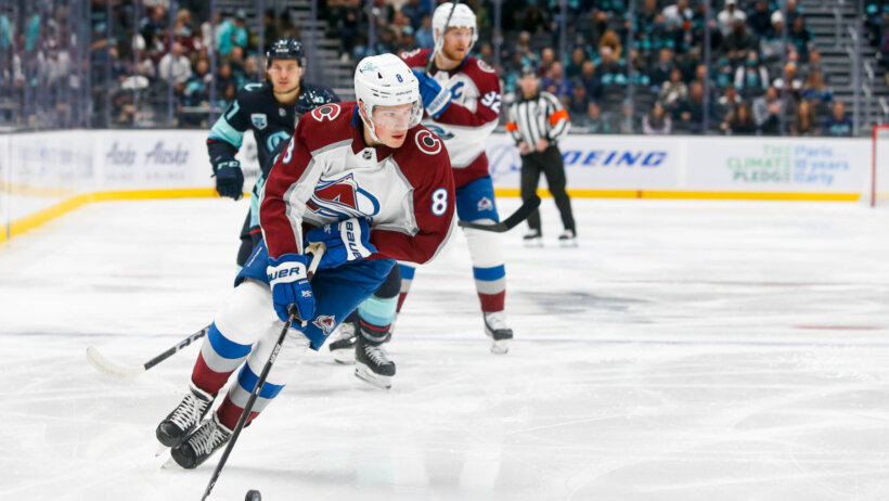 Colorado Avalanche defenseman Cale Makar skates against the Seattle Kraken