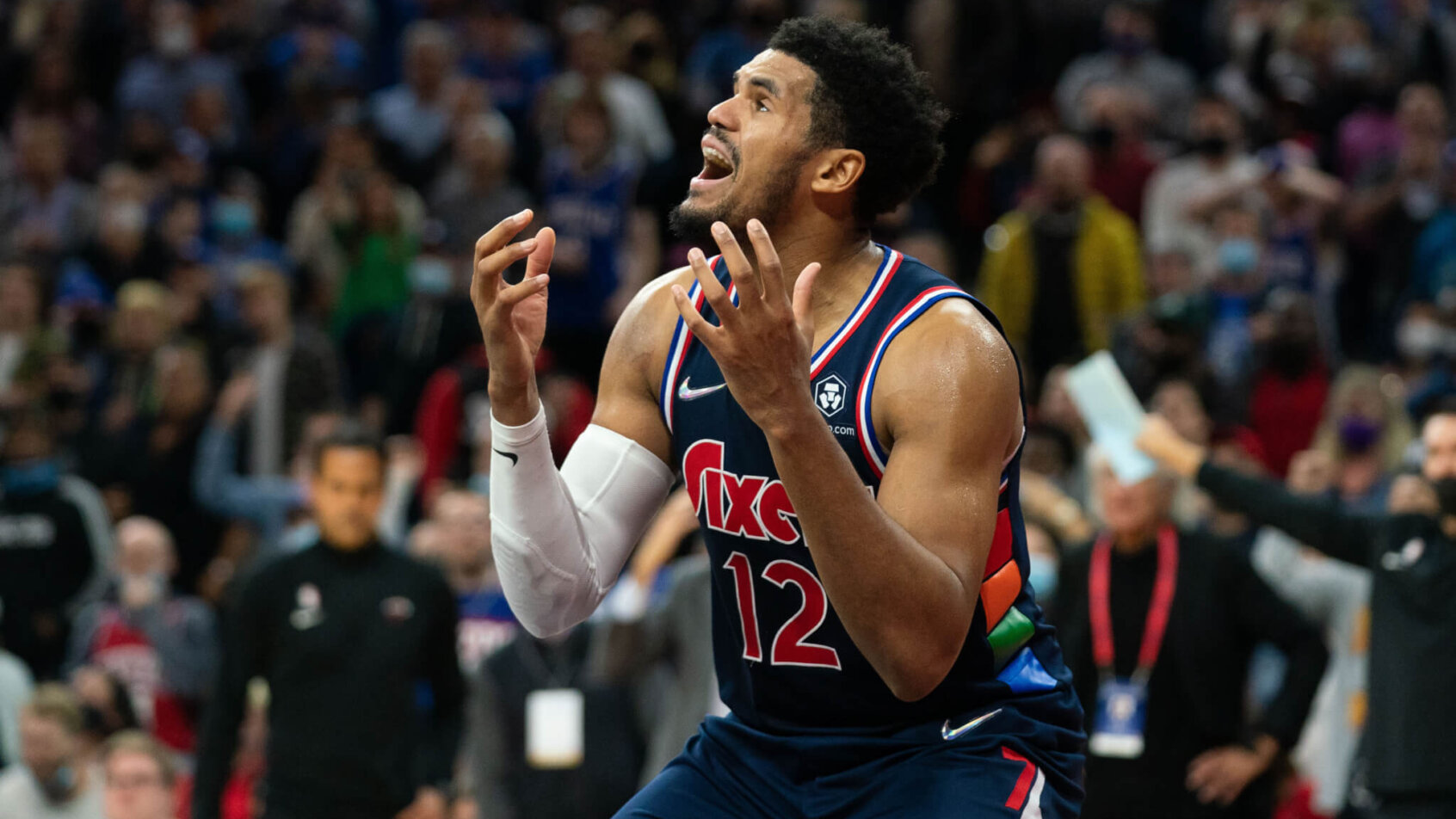 Tobias Harris reacts to a foul call