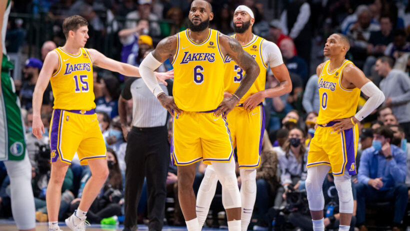 Los Angeles Lakers players on the court during an NBA game