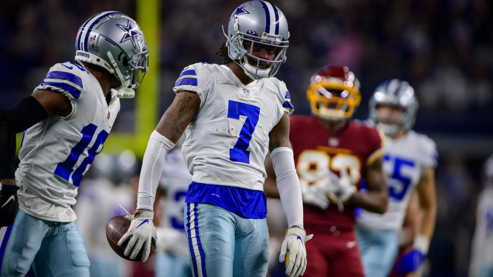Trevon Diggs celebrates an INT