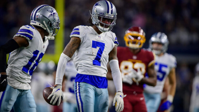 Trevon Diggs celebrates an INT