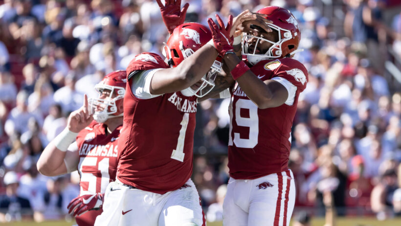Arkansas Razorbacks quarterback KJ Jefferson celebrates after a touchdown