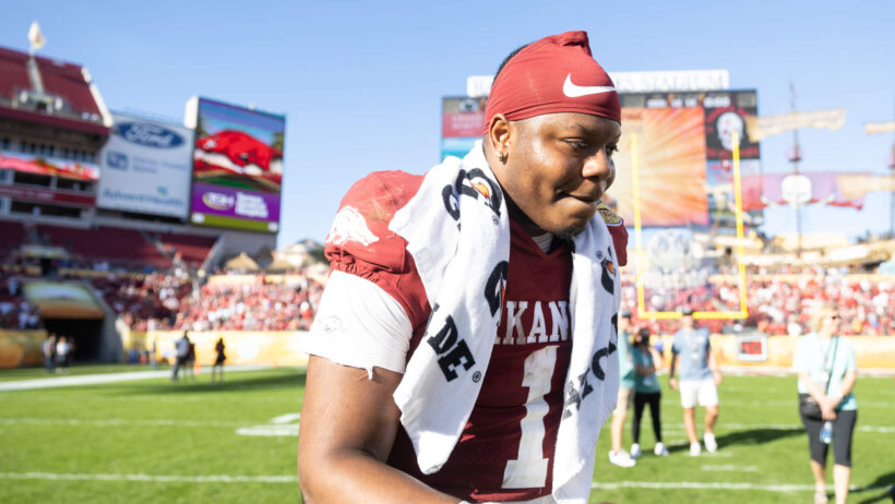 Arkansas Razorbacks quarterback KJ Jefferson smiles after the game against Penn State