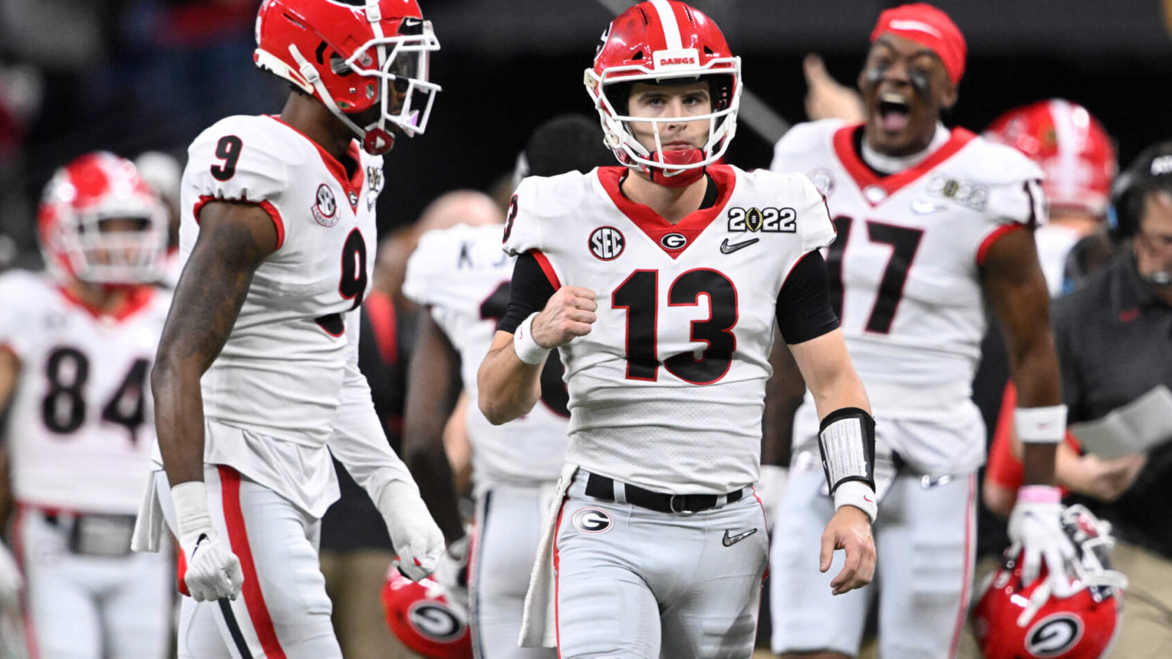 Georgia Bulldogs quarterback Stetson Bennett celebrates after a touchdown