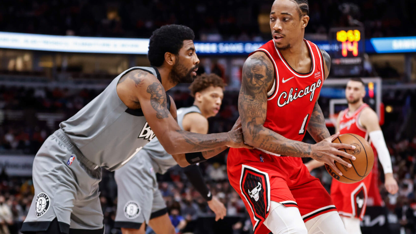DeMar DeRozan posts up Kyrie Irving