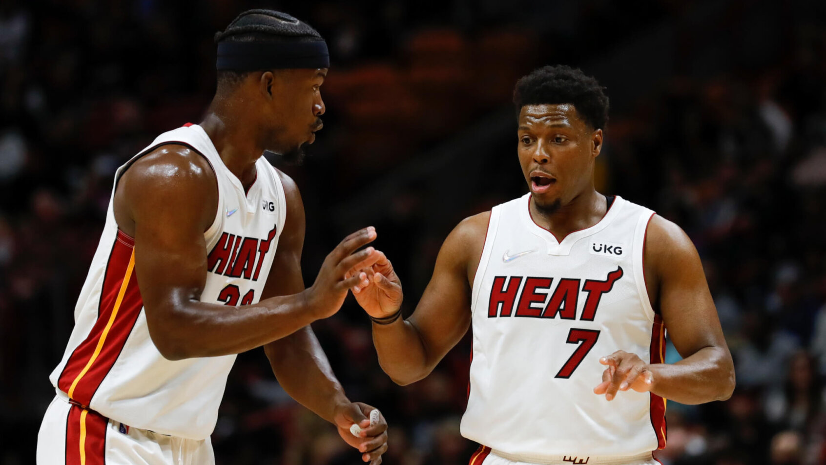 Jimmy Butler talking to Kyle Lowry