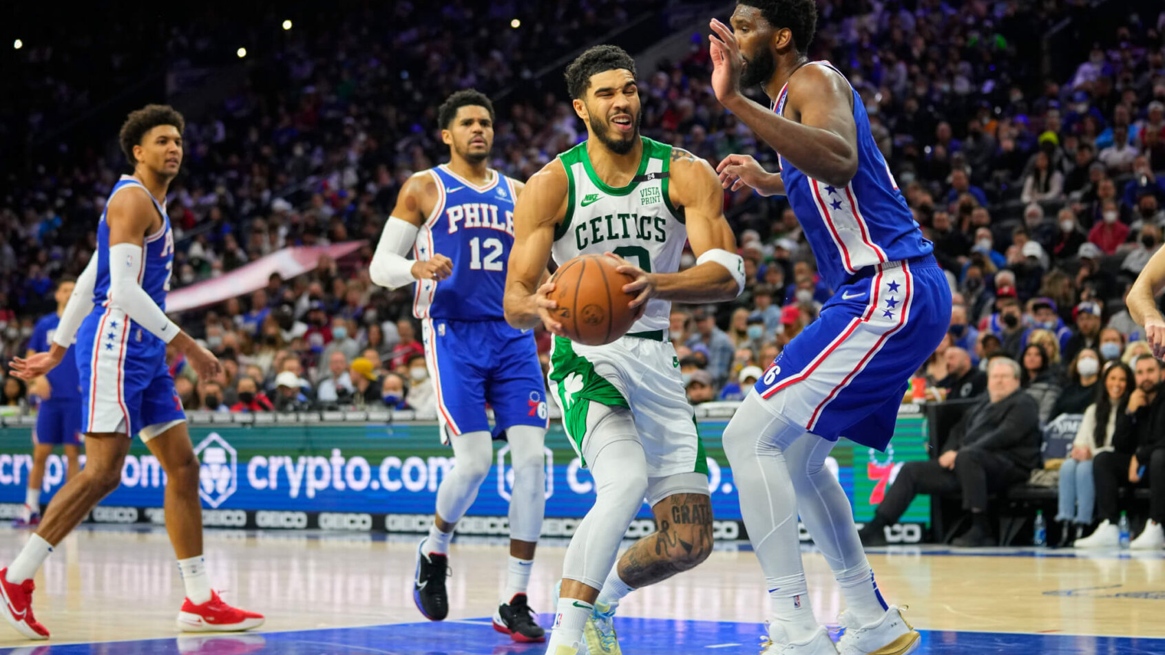 Jayson Tatum defended by Joel Embiid