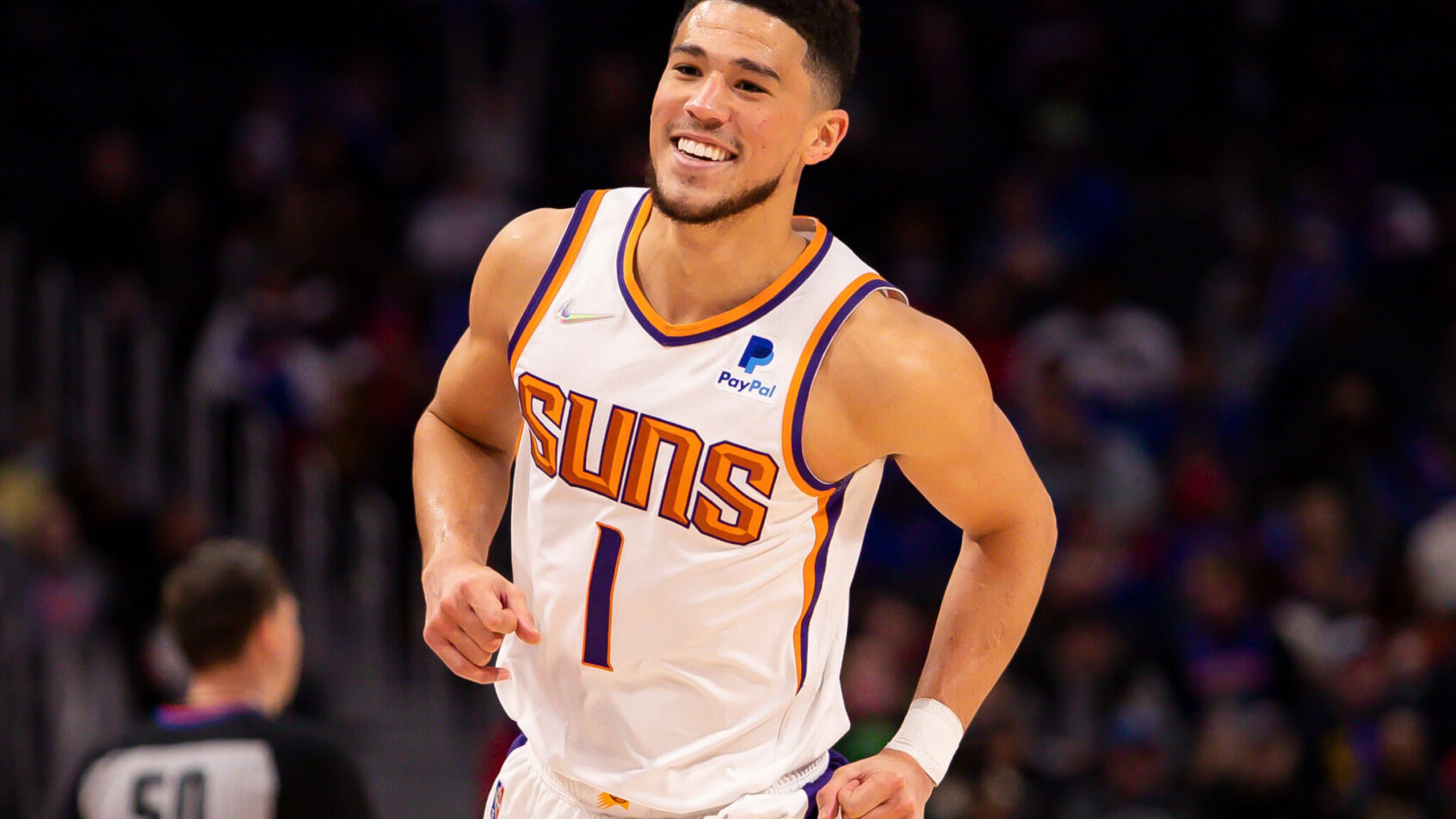 Devin Booker is all smiles after knocking down a shot