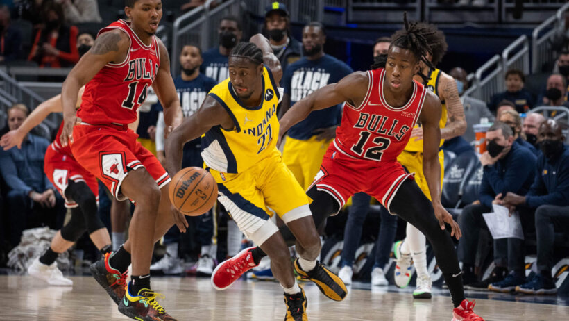 Indiana Pacers guard Caris LeVert dribbling the ball against the Chicago Bulls