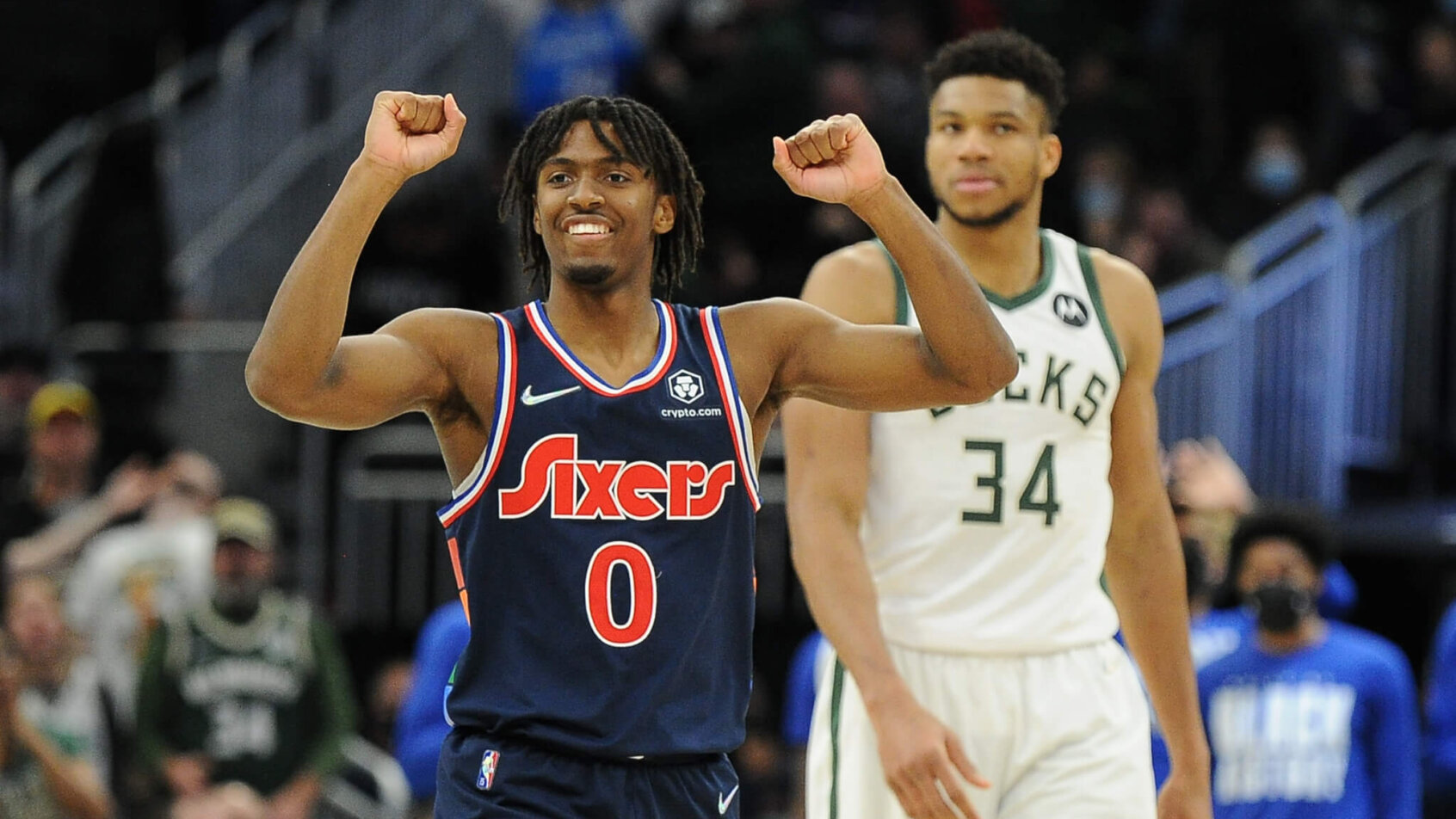 Maxey celebrates on court
