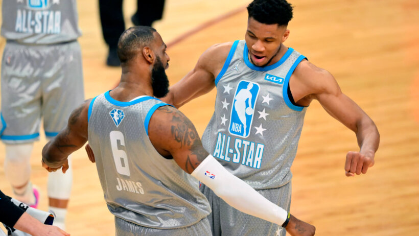 LeBron James and Giannis Antetokounmpo celebrate at the All-Star Game.
