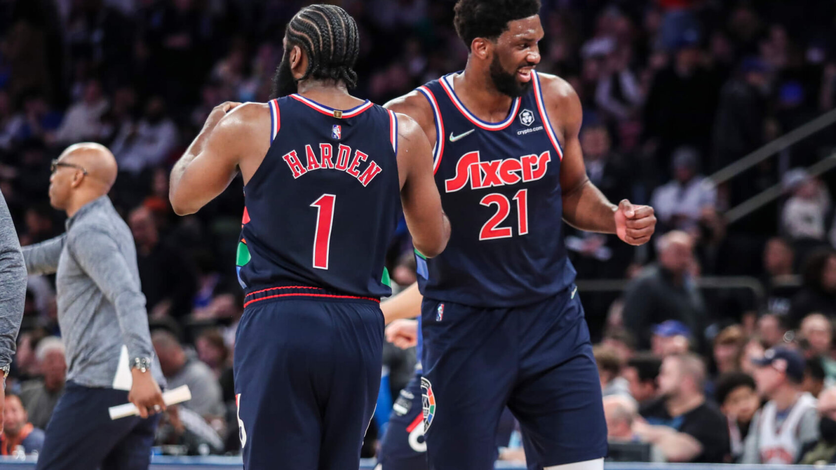 James Harden, Joel Embiid celebrate, Philadelphia 76ers