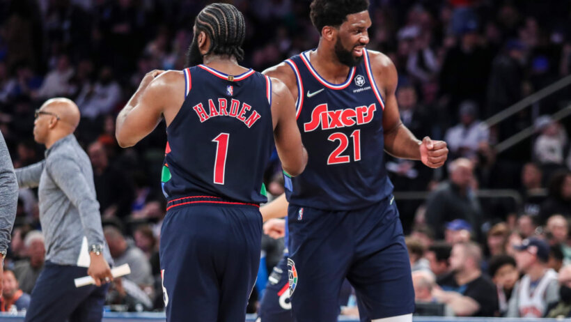 James Harden, Joel Embiid celebrate, Philadelphia 76ers
