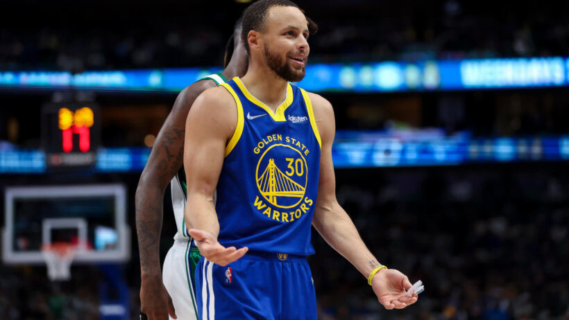 Steph Curry reacting on the court during a NBA game.