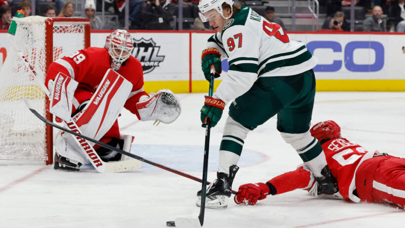 Minnesota Wild Kirill Kaprizov skates in on Detroit Red Wings goaltender Alex Nedeljkovic