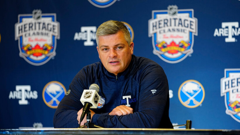 Toronto Maple Leafs head coach Sheldon Keefe speaks to the press