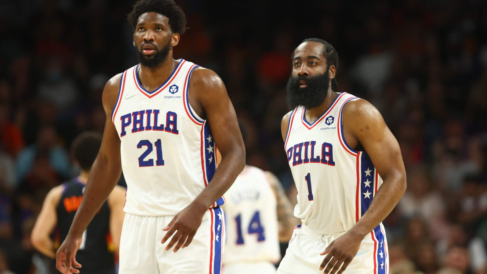 Joel Embiid and James Harden on court