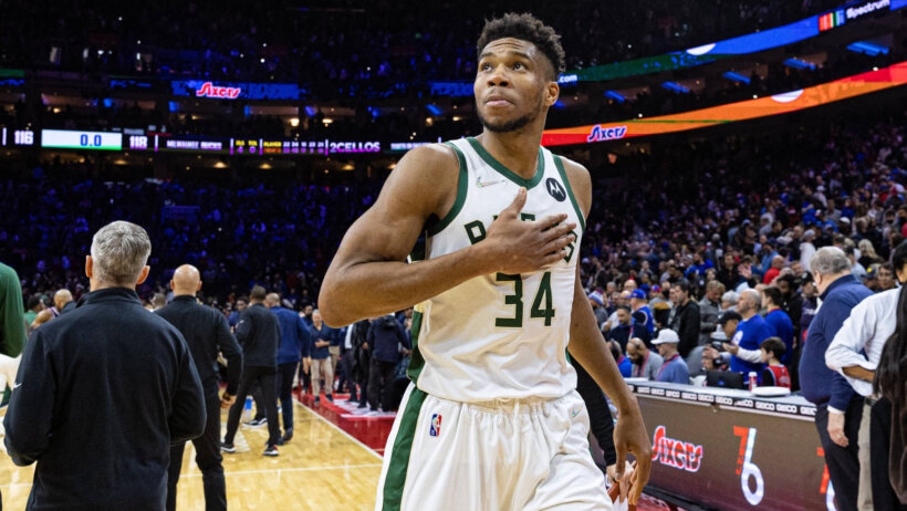 Giannis Antetokounmpo walking off the court.
