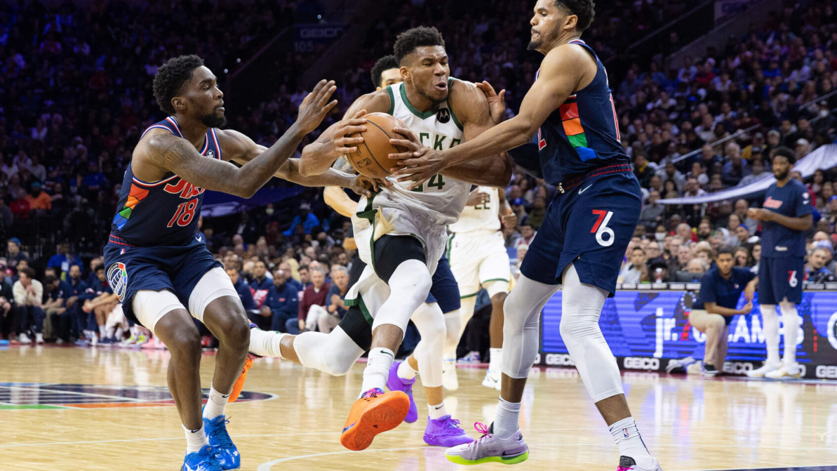 Giannis Antetokounmpo drives versus Philly