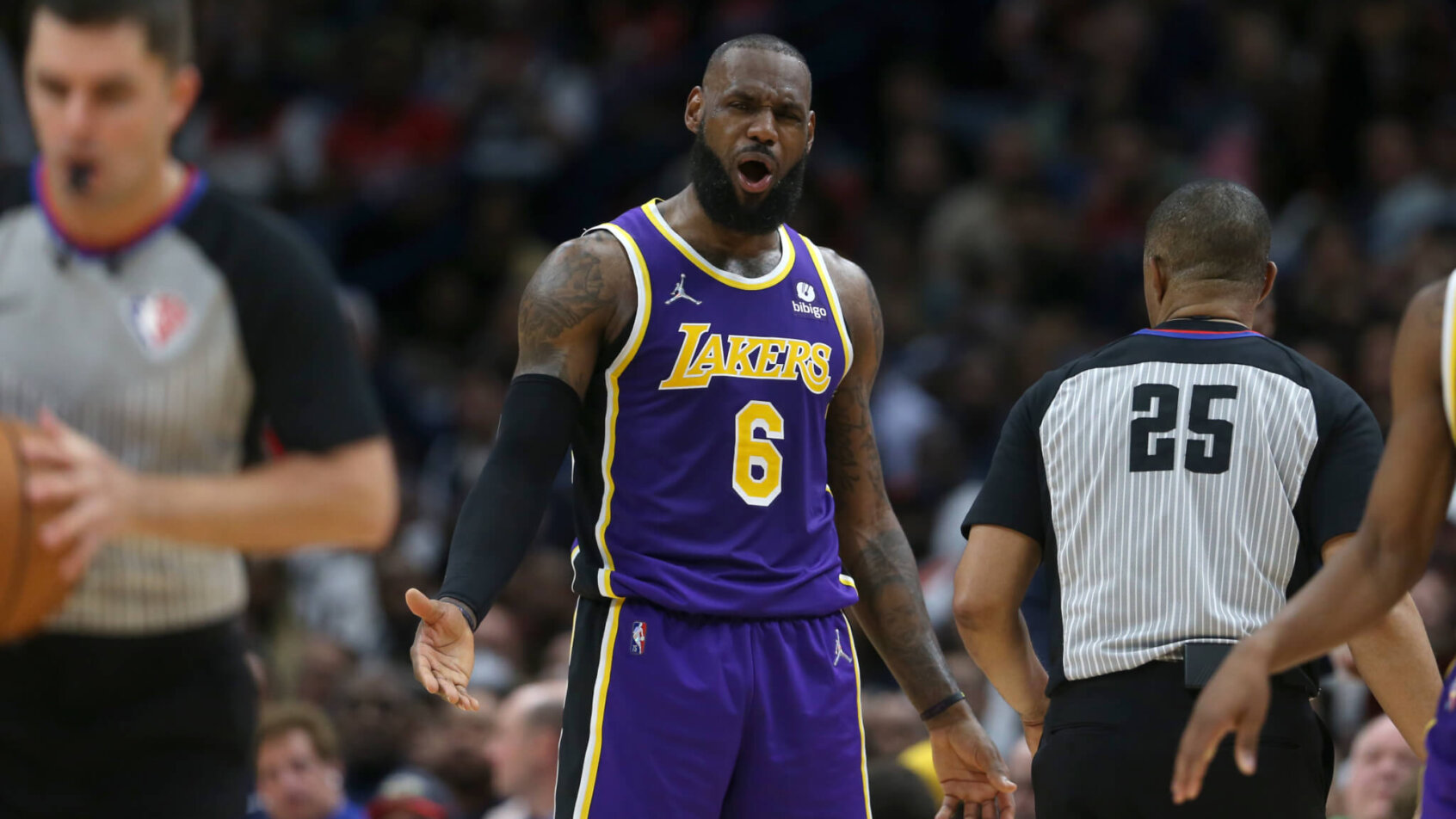 LeBron James reacts to a call