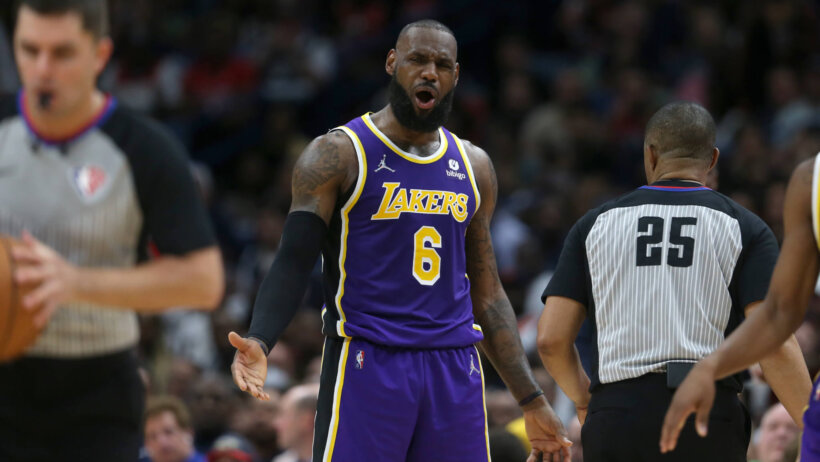 LeBron James reacts to a call