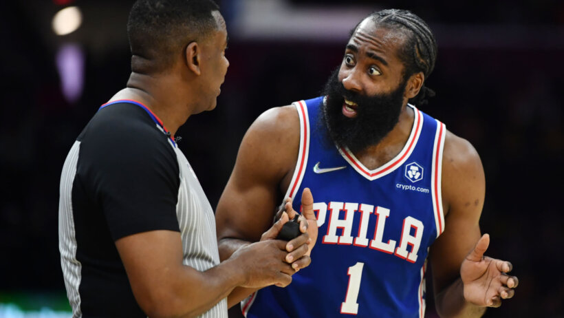 James Harden talking to referee