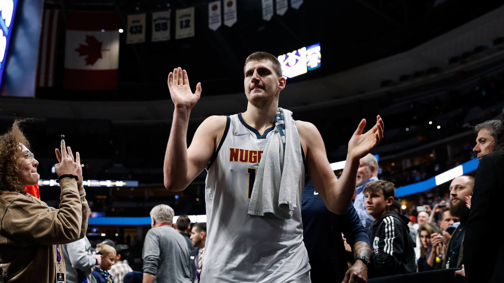 Denver Nuggets center Nikola Jokic gesturing to the crowd