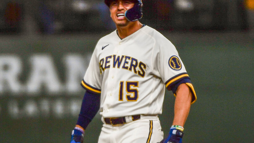 Milwaukee Brewers center fielder Tyrone Taylor celebrating a double