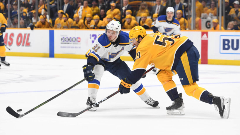 St. Louis Blues right wing Vladimir Tarasenko blocks a clearing attempt by Nashville Predators defenseman Roman Josi