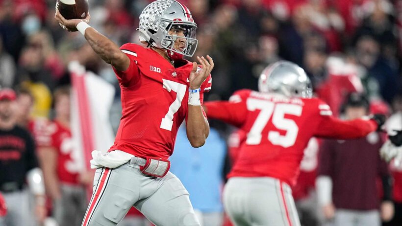 Ohio State Buckeyes quarterback C.J. Stroud throws a pass