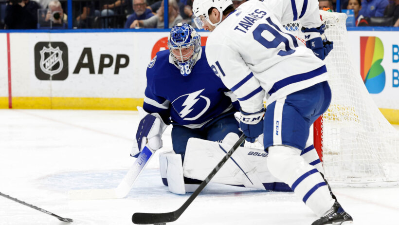 Toronto Maple Leafs center John Tavares tries to score against Tampa Bay Lightning goaltender Andrei Vasilevskiy