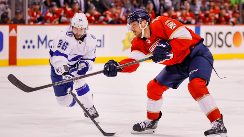 Florida Panthers center Sam Reinhart shooting the puck