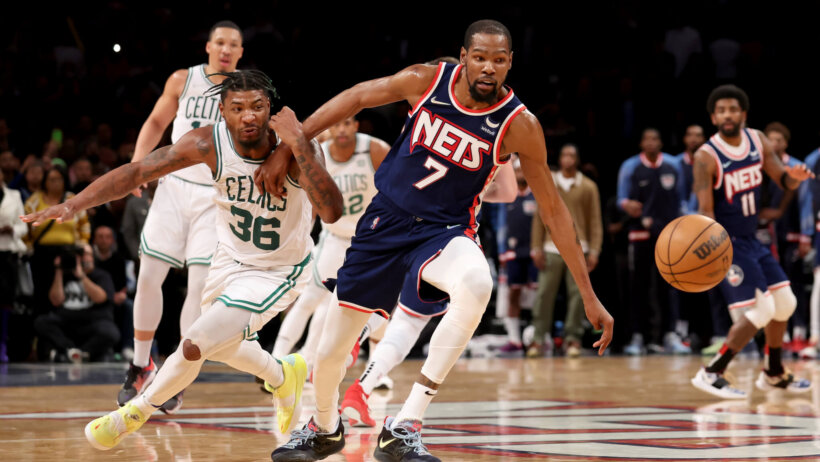 Kevin Durant playing for the Nets against the Celtics