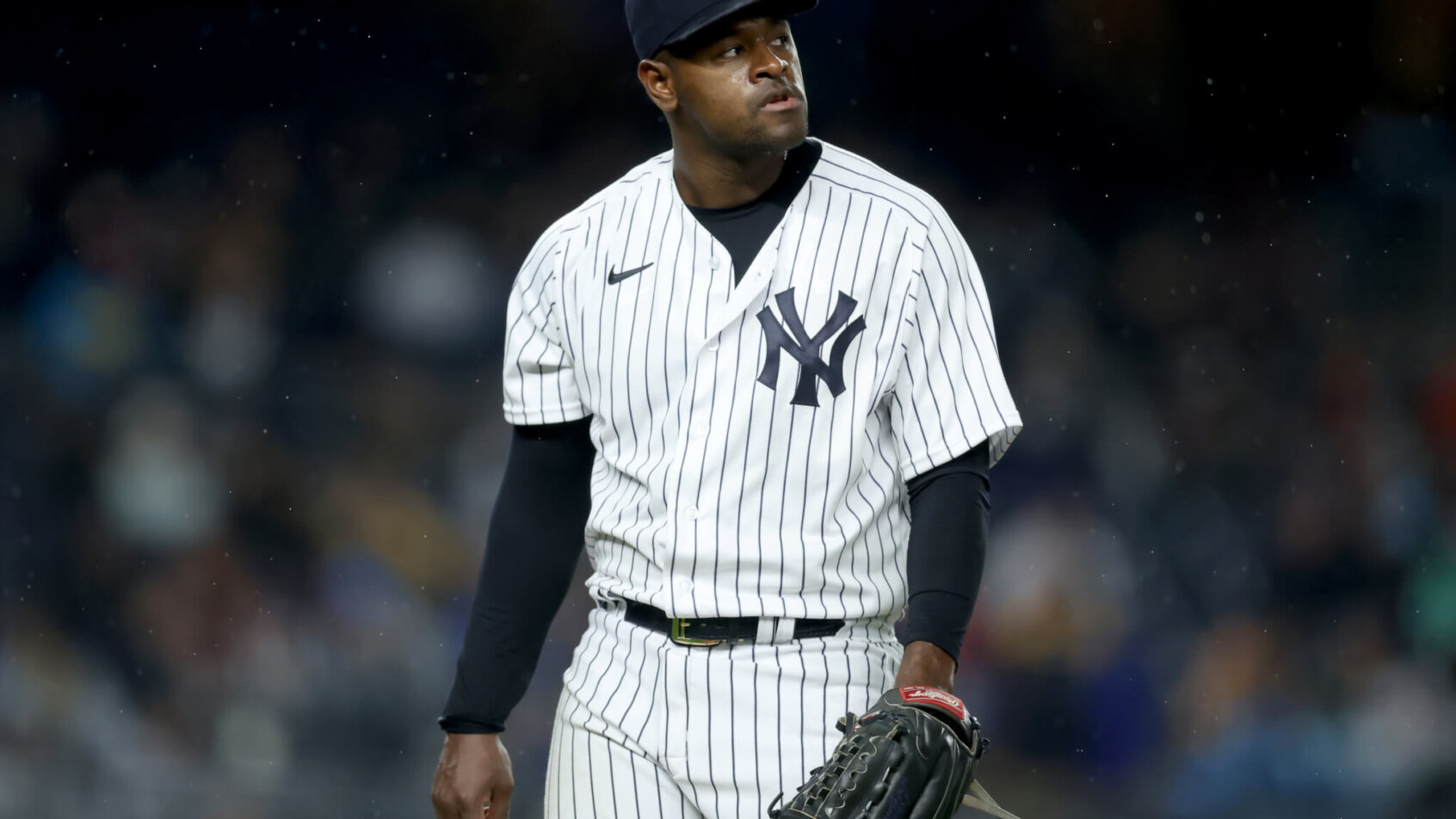 New York Yankees starting pitcher Luis Severino walking off the mound