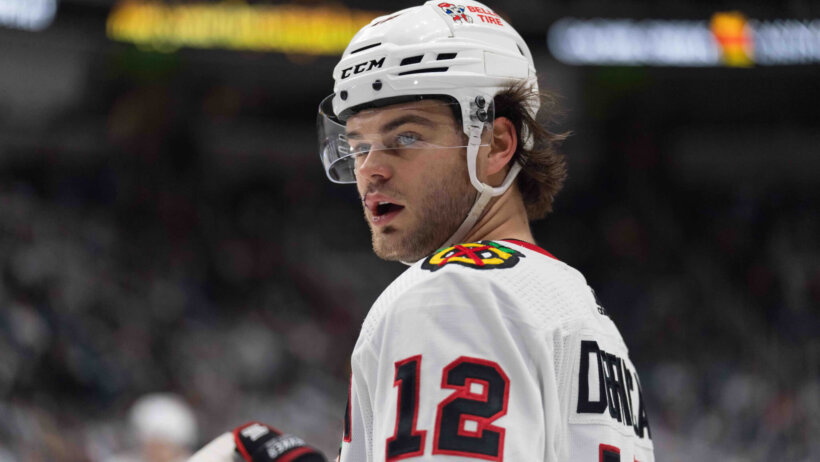 Chicago Blackhawks left wing Alex DeBrincat (12) during the third period against the San Jose Sharks