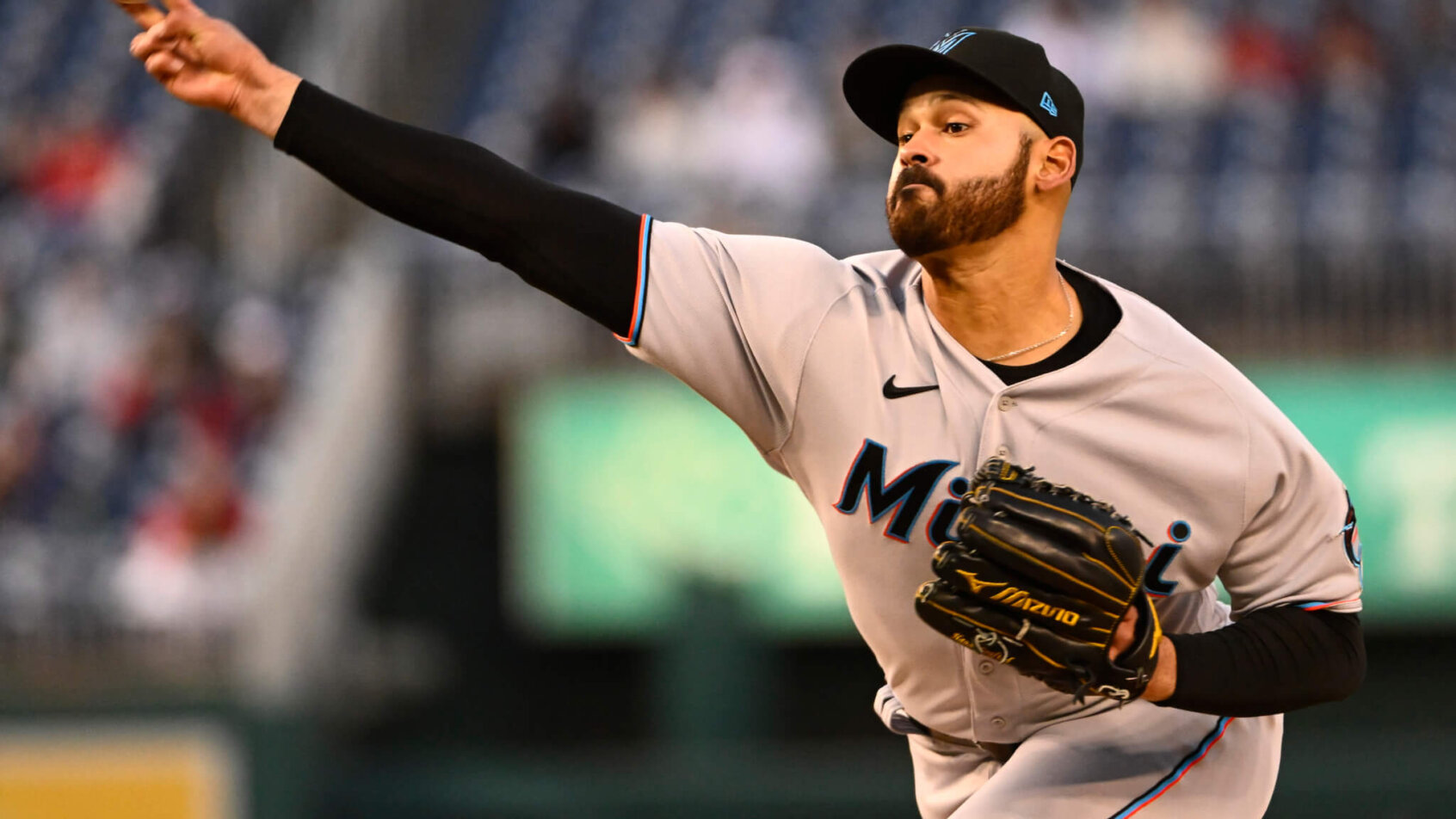 Miami Marlins starting pitcher Pablo Lopez delivering a pitch