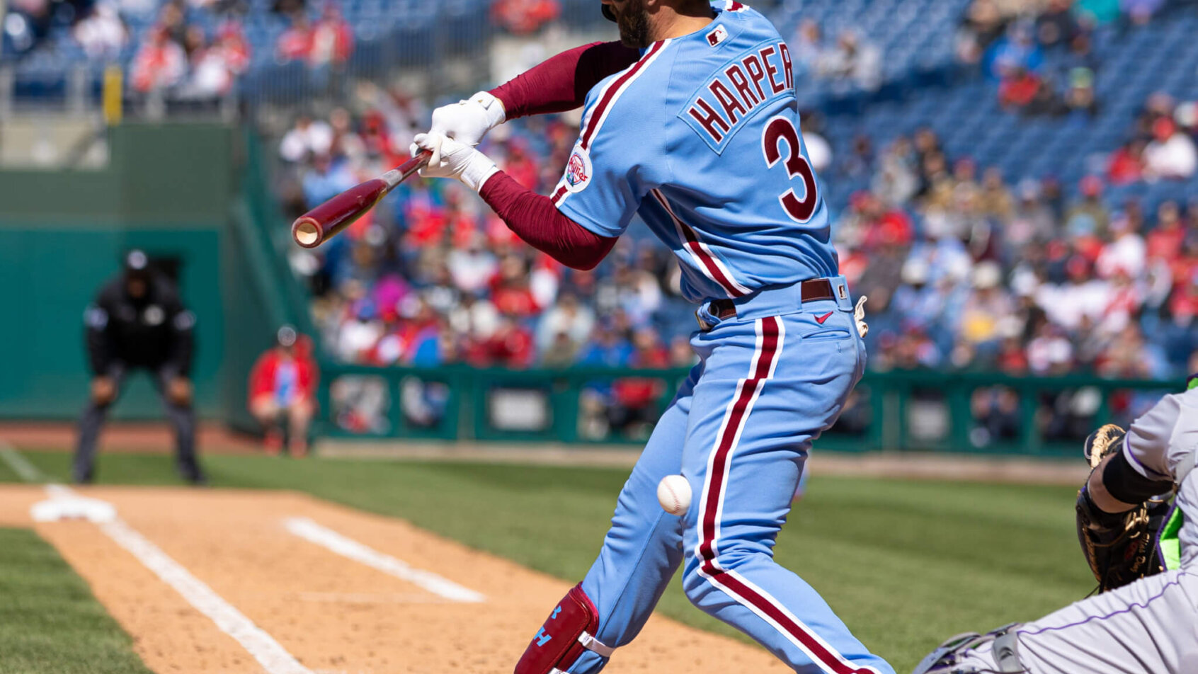 Philadelphia Phillies right fielder Bryce Harper getting hit by a pitch