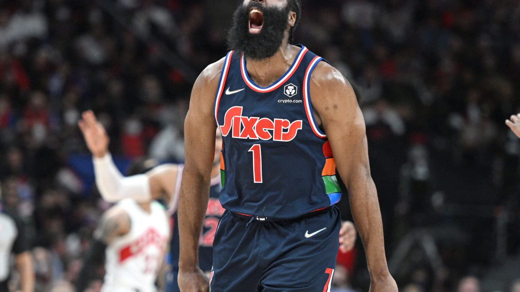 Philadelphia 76ers guard James Harden celebrating a bucket