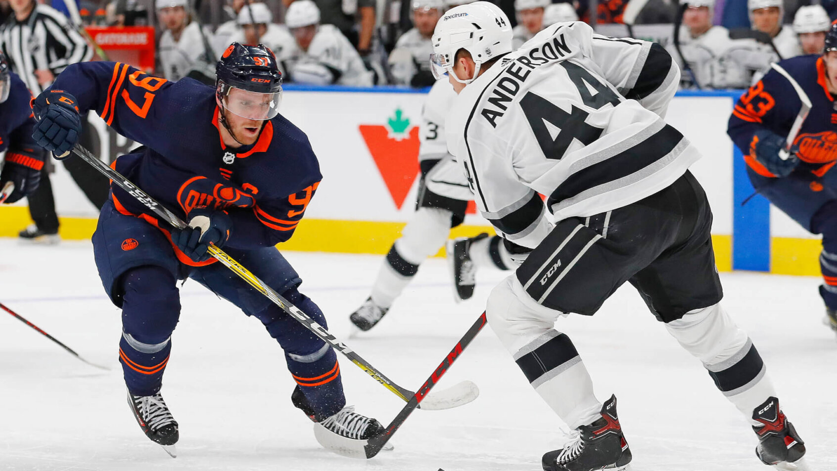 Edmonton Oilers forward Connor McDavid rushing the puck up the ice versus the LA Kings