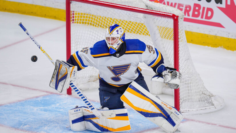 St. Louis Blues goaltender Ville Husso making a save