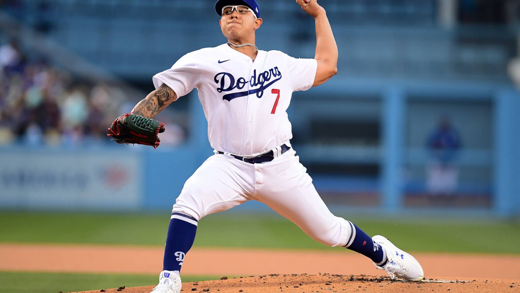 Los Angeles Dodgers starting pitcher Julio Urias throwing a pitch