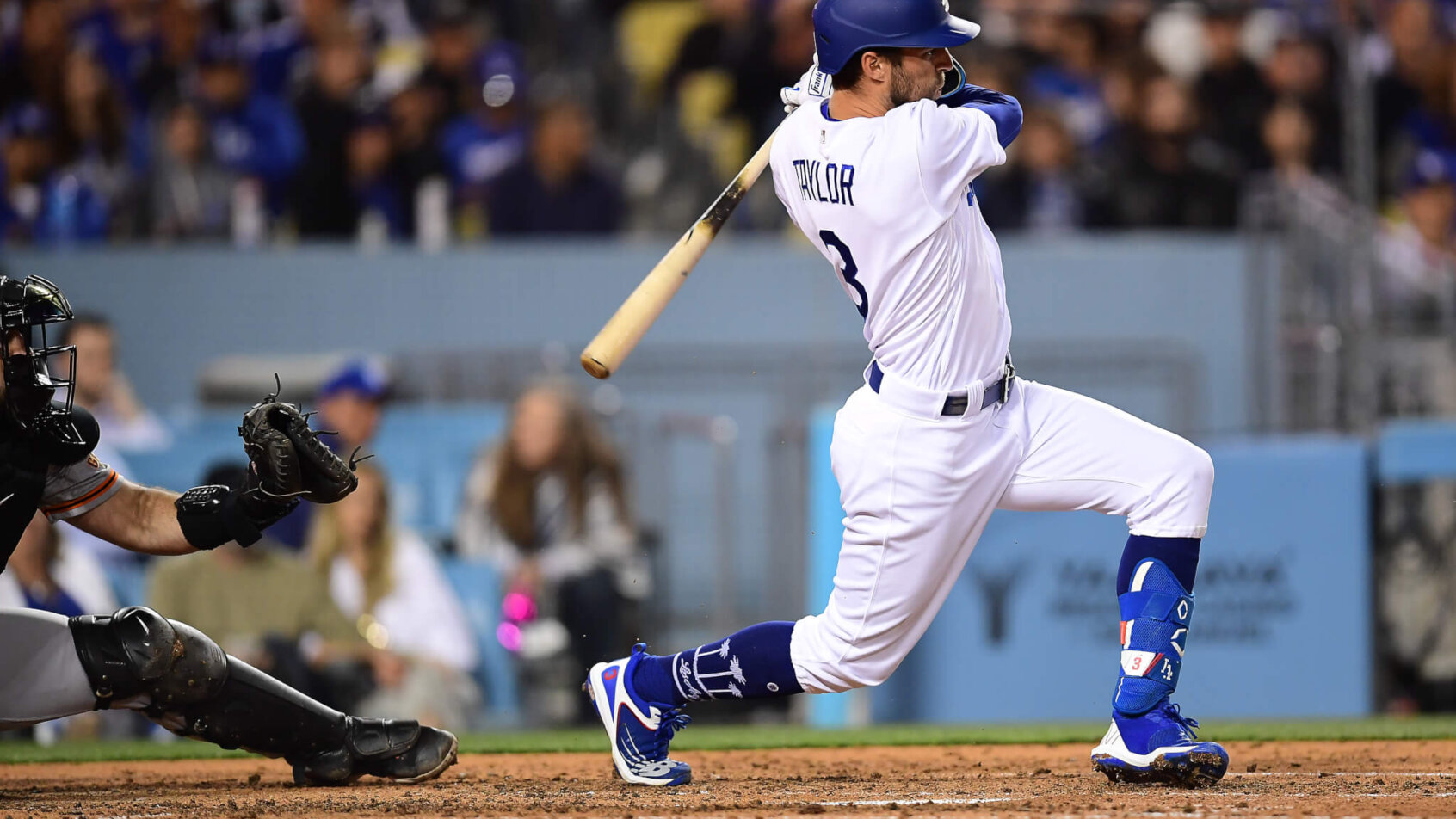 Los Angeles Dodgers left fielder Chris Taylor at the plate