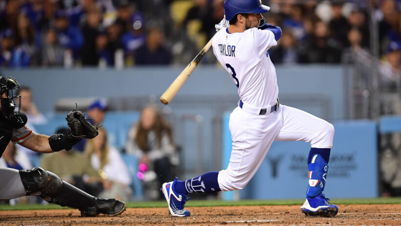 Los Angeles Dodgers left fielder Chris Taylor at the plate