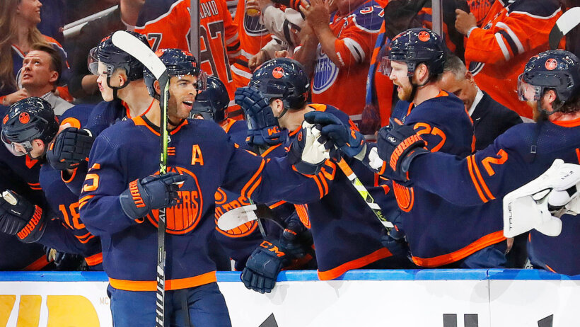 Edmonton Oilers celebrate a goal by defensemen Darnell Nurse