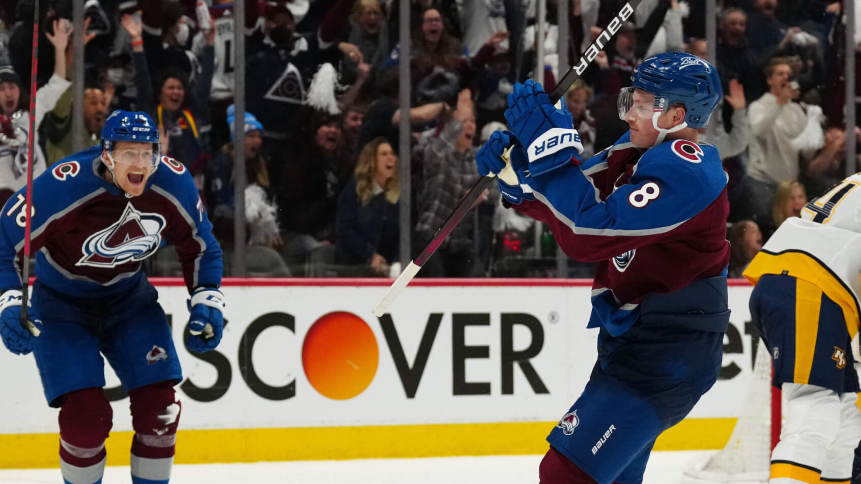 Colorado Avalanche defenseman Cale Makar celebrating his OT goal
